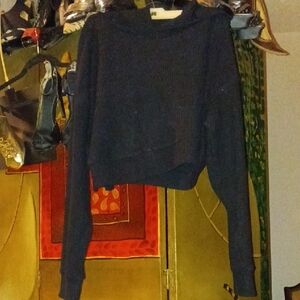 Dark Black Ribbed Cropped Hoodie